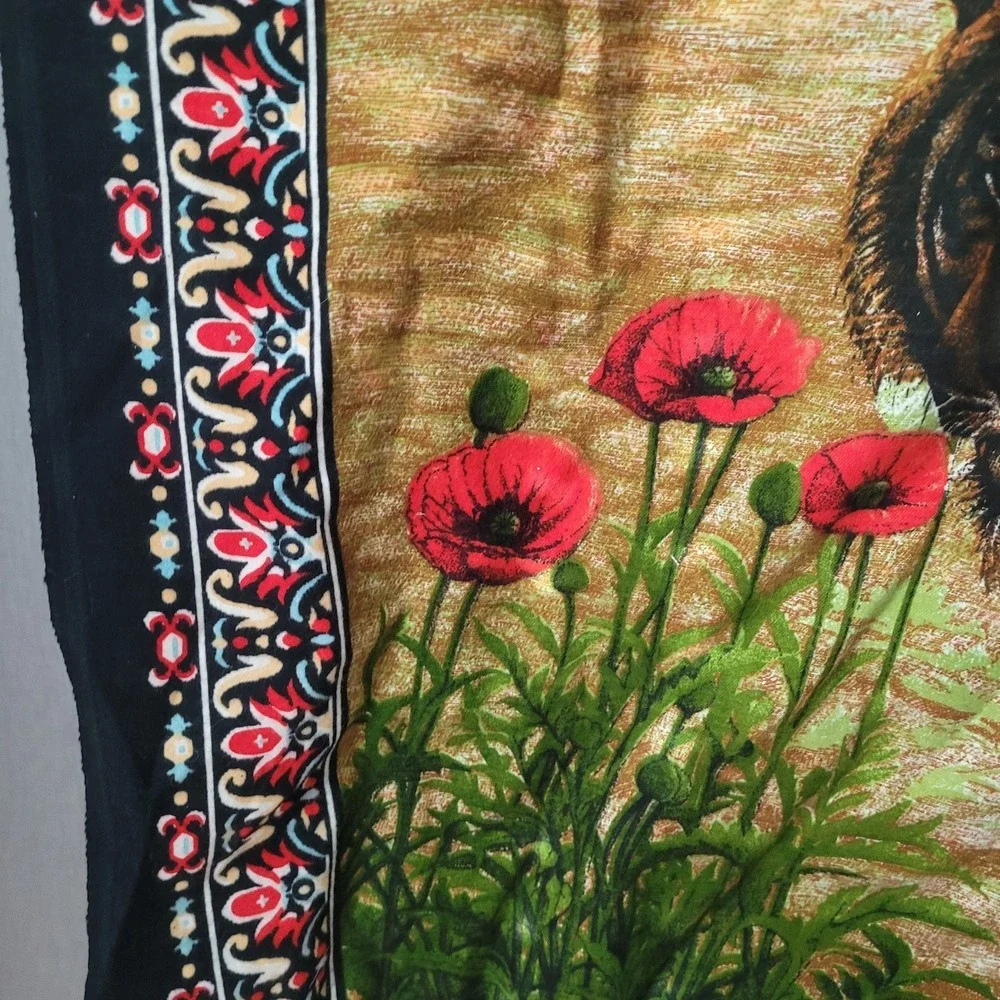 Vintage Tiger in Red Poppies Tapestry Wall Hanging Retro Botanical Wildlife Art